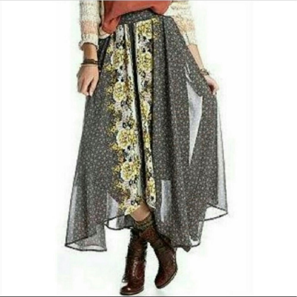 Free People Gray Floral A-Line Maxi Skirt with Yellow Accents